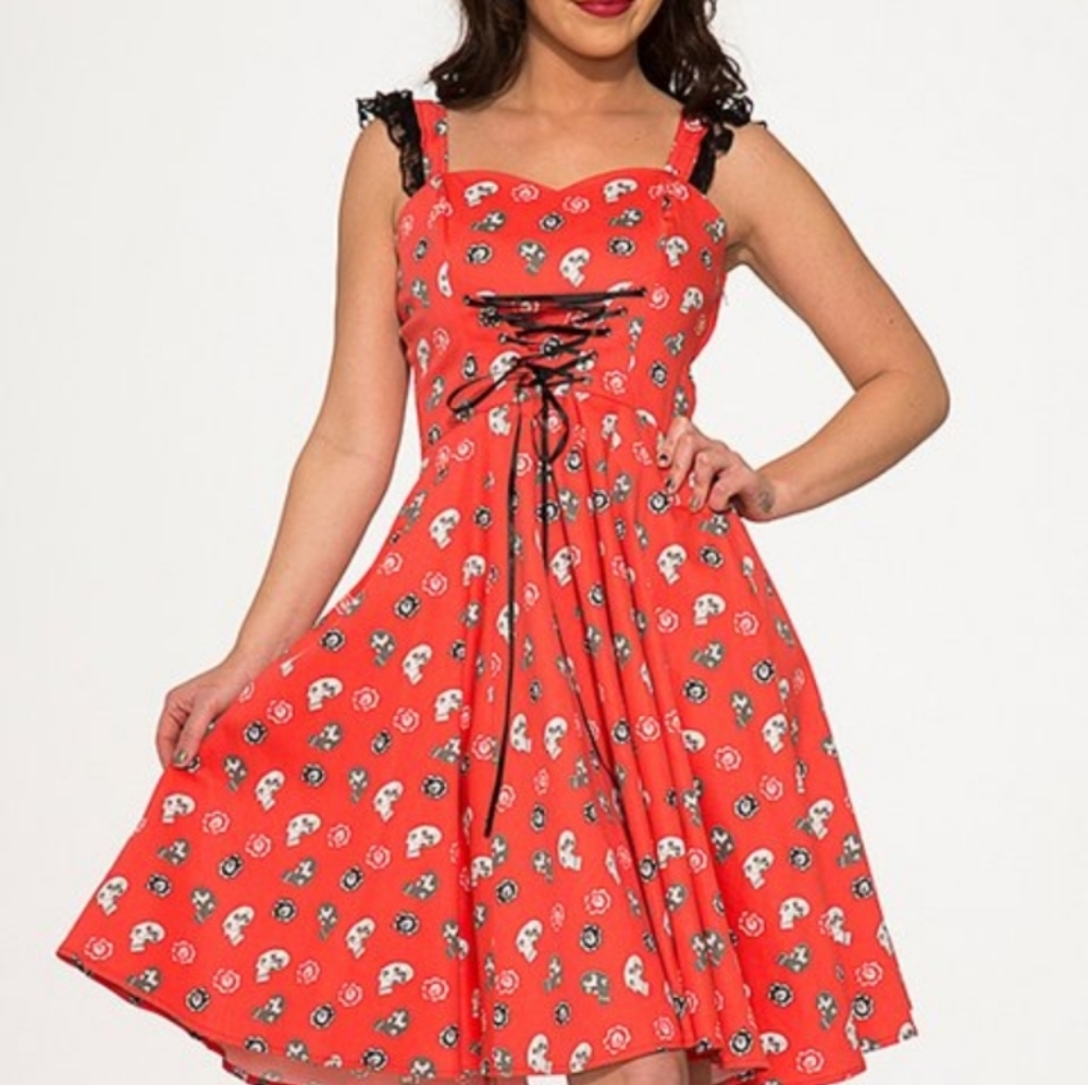 HOST PIC🎉🎊 Red Skull Print Full Skirted Retro Corset Pinup Dress